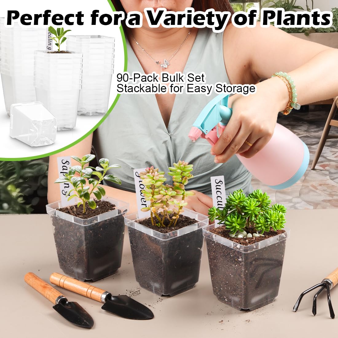 RooTrimmer Lot de 90 Pots de semis carrés Transparents de 8,3 cm avec Drainage, avec étiquettes de Plantes, Pots de semis réutilisables pour Plantes Grasses, Transplantation d'herbes, Fleurs, tomates