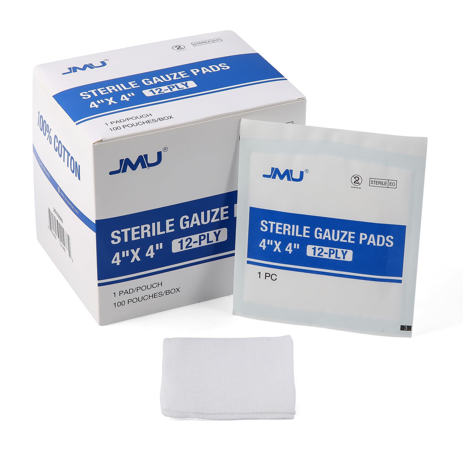 JMU 100 Pack Sterile Gauze Pads 4x4, 12-Ply, Woven Sponges Cotton Medical