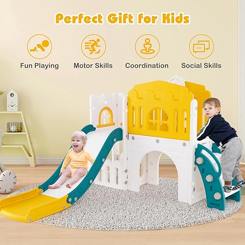 Miniatura 7 de Costzon Juego de tobogán 9 en 1 para niños pequeños, tobogán y escalador con aro de baloncesto, telescopio, volante, pasillo, túnel y espacio de