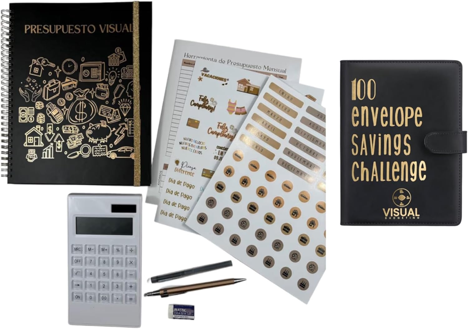 100 Envelopes Money Saving Challenge,Challenge Binder,Easy Fun Way to Save $5,050,Challenges Budget Book Binder with Cash Envelopes(Black or White) Libro de ahorros Negro o Blanco (BlackGoldSpanish)