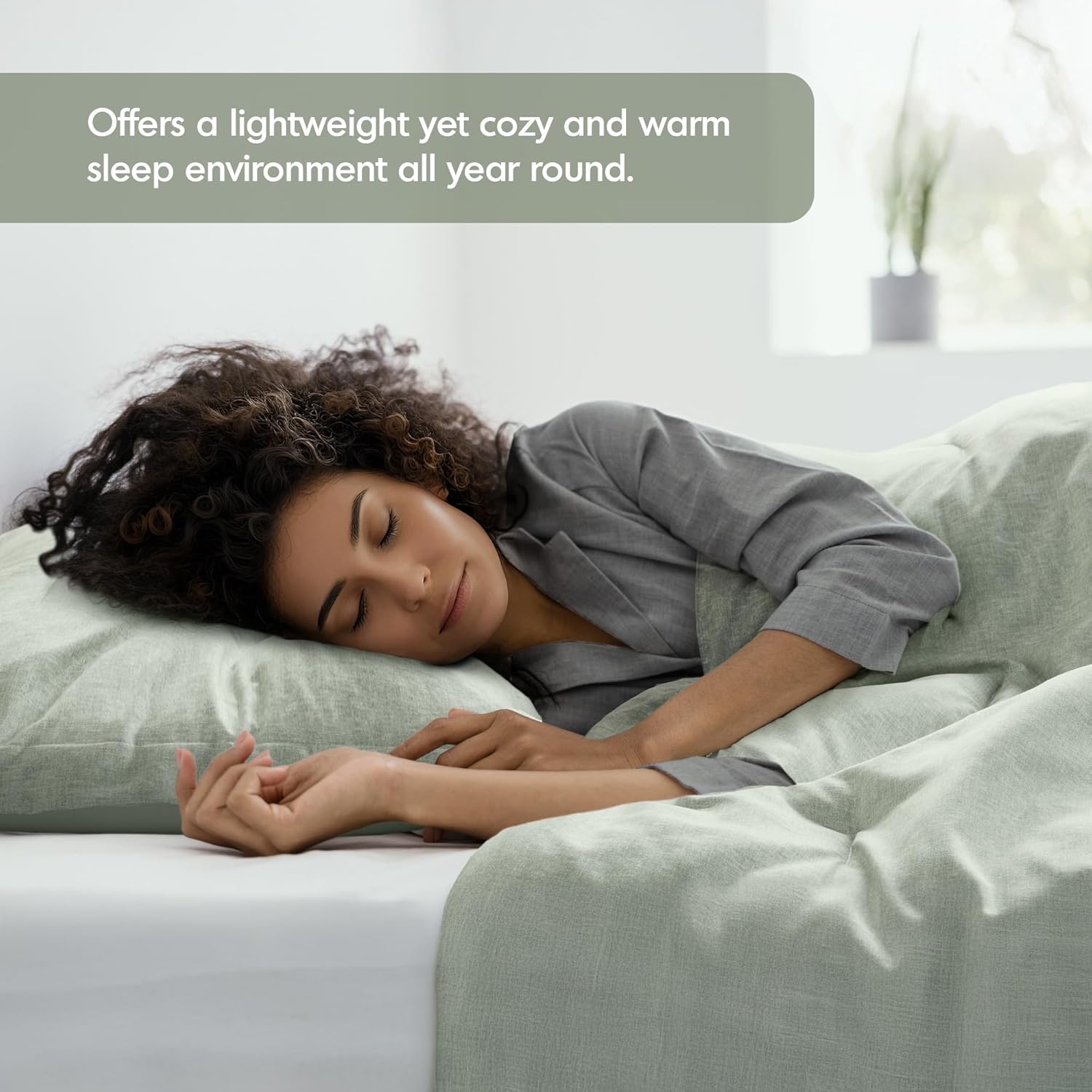 King Size Comforter Set, Lightweight Sage Green Soft Bedding for All Seasons, 3 Pieces Chambray Print Solid Farmhouse Bed Set, Comforter & Shams - Image 3