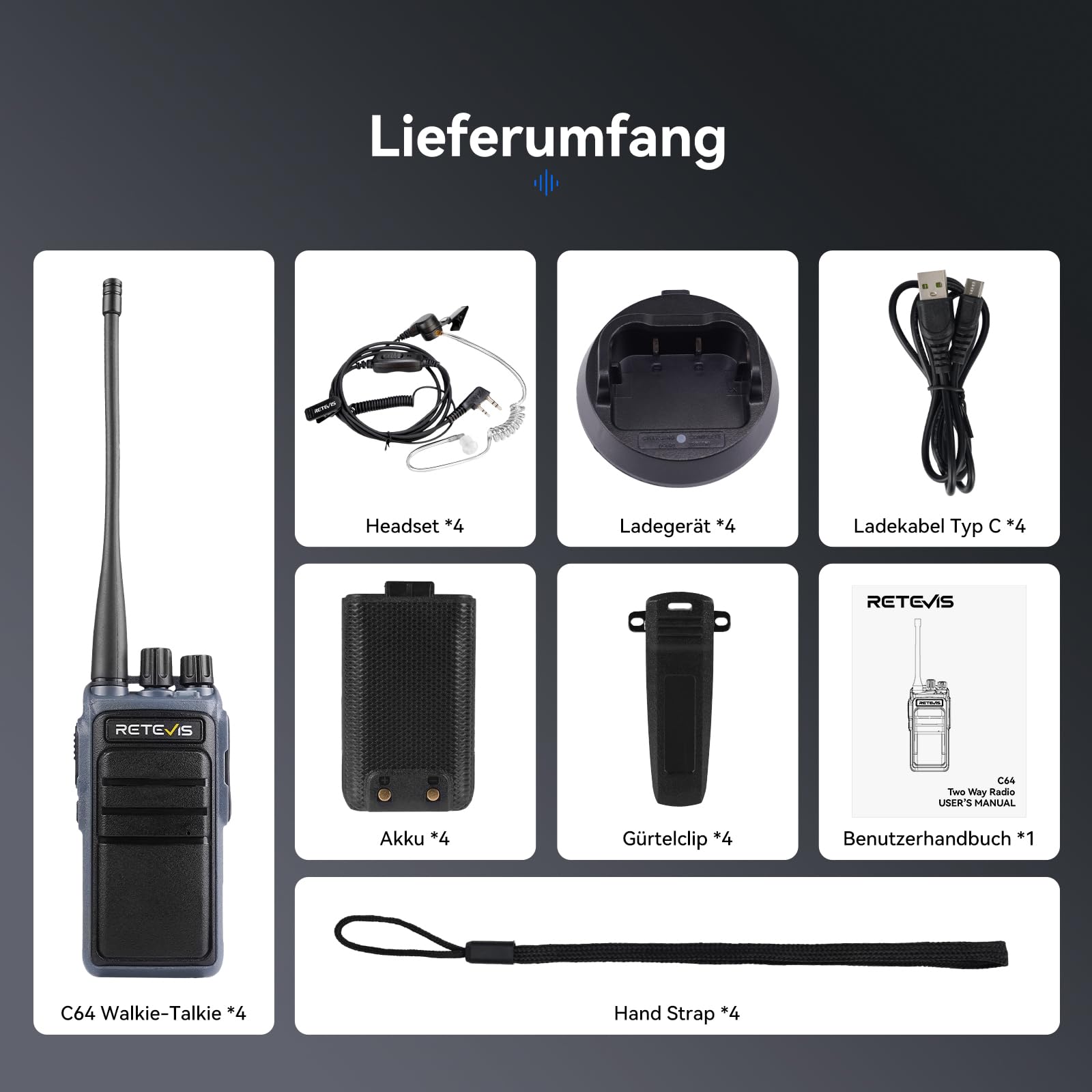 Retevis C64 Funkgeräte Dualband, Professionelles Walkie Talkie Intelligente Spracherkennungs, 2500 mAh, Rauschunterdrückung, Handfunkgerät mit Headset für Restaurants, Hotels (Schwarz, 4 Stück)