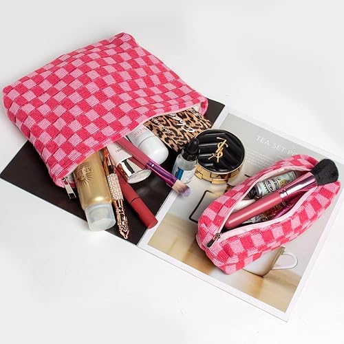 Miniatura 2 de FFpaw 2 bolsas de cosméticos para mujer, bolsa de maquillaje a cuadros, bolsa de aseo de viaje, organizador de cosméticos con cremallera, 1 bolsa de
