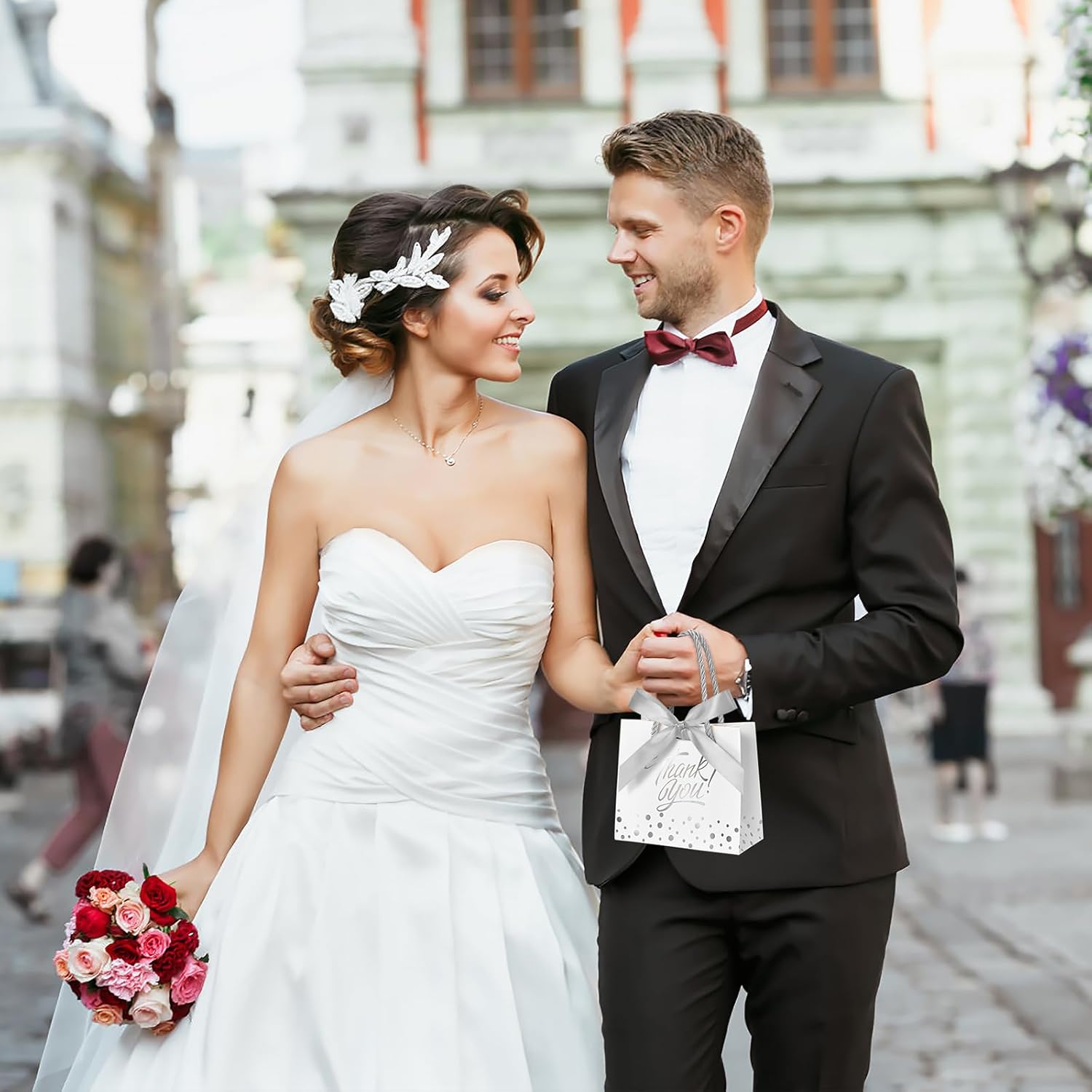 EQOREIIN Small Thank You Gift Bags 50pcs 5.5x2.5x4.7 Inches Mini Gift Bags with Handles Bow Ribbon Tiny Paper Bag for Party Favor, Mother's Day,Valentine's Day, Wedding, Baby Shower (Purple) - Image 6