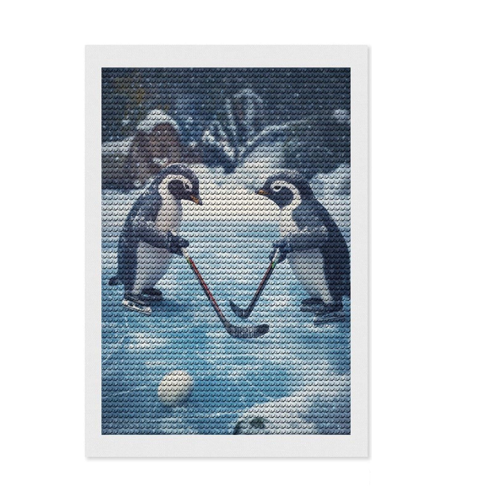 Junmoney Penguin Playing Hockey Diamond Painting Kit 8"x12", Gift Idea, Mindful Craft Project, Full Kit Included, Decorative Artwork