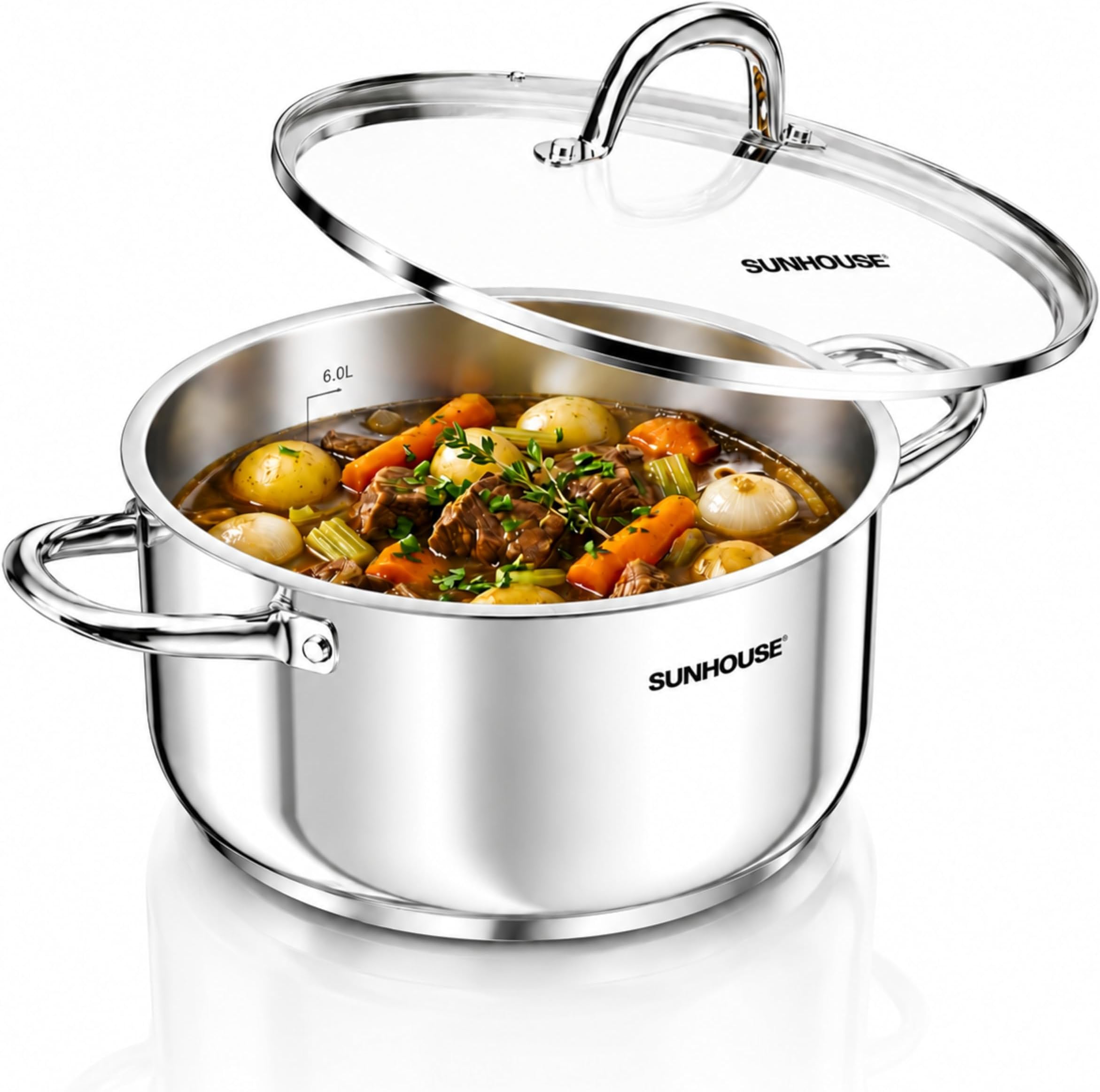 Sunhouse 8 Quart Stock Pot with Lid - 3-Ply Base Stainless Steel Cooking Pot - 8 QT Canning Dutch Oven Stock Pots - Oven Safe & Induction Cookware
