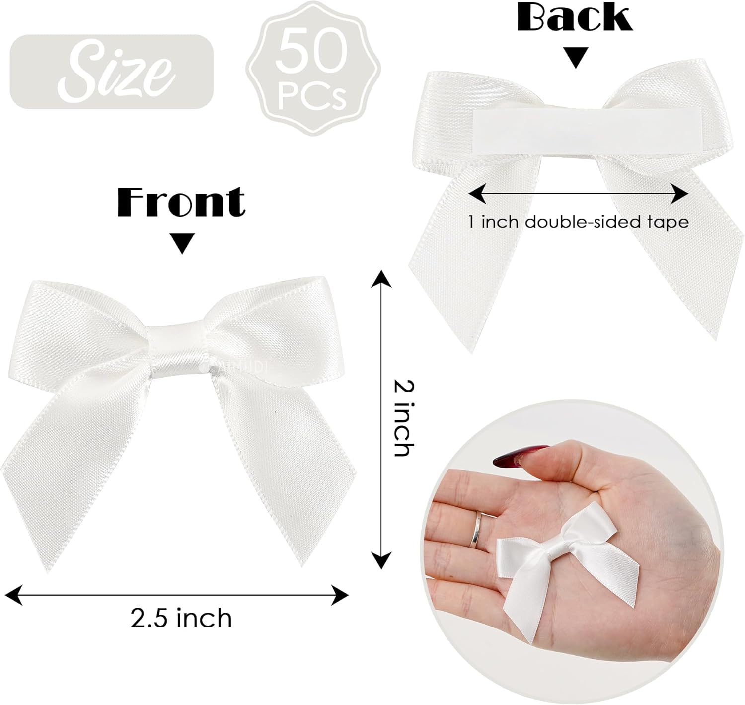 AIMUDI White Satin Ribbon Bows 2" Self Adhesive Satin Bows for Gift Wrapping Premade Ribbon Bows with Double-Sided Tape for Making Crafts Baby Shower Birthday Party Wedding Decorations, 50 PCs - Image 2