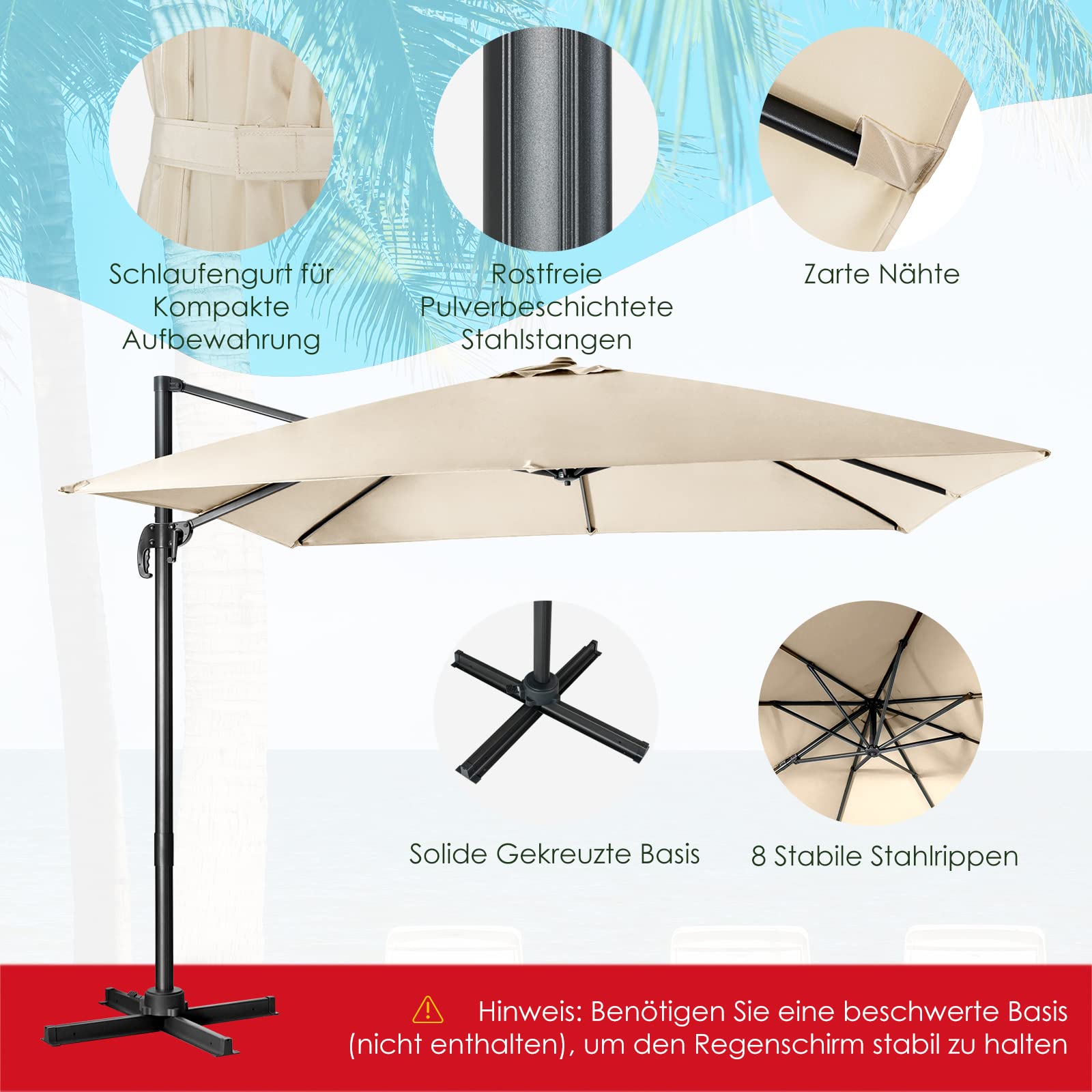 COSTWAY Sonnenschirm 300 x 300 cm quadratisch, Ampelschirm mit Kurbel, Gartenschirm neigbar, 360° drehbar, großer Terrassenschirm, Marktschirm für Gärten, Terrassen, Cafés (Beige)