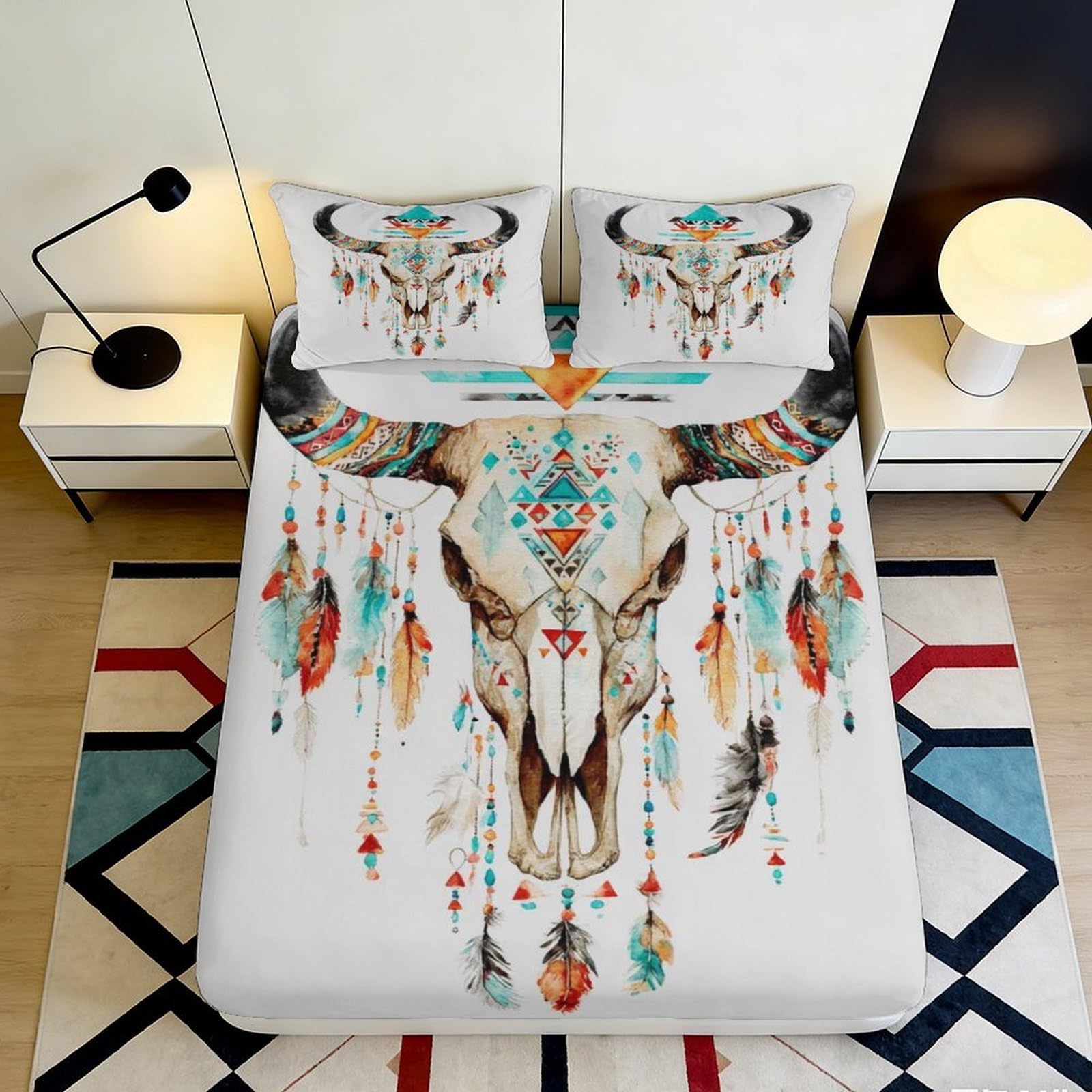 3D Printed Tribal Bull Skull Fitted Sheet Microfiber Soft Breathable Dreamcatcher Bed Cover for Bedroom Dormitory Guest Room Mattress Protection Decor 180x200x25cm
