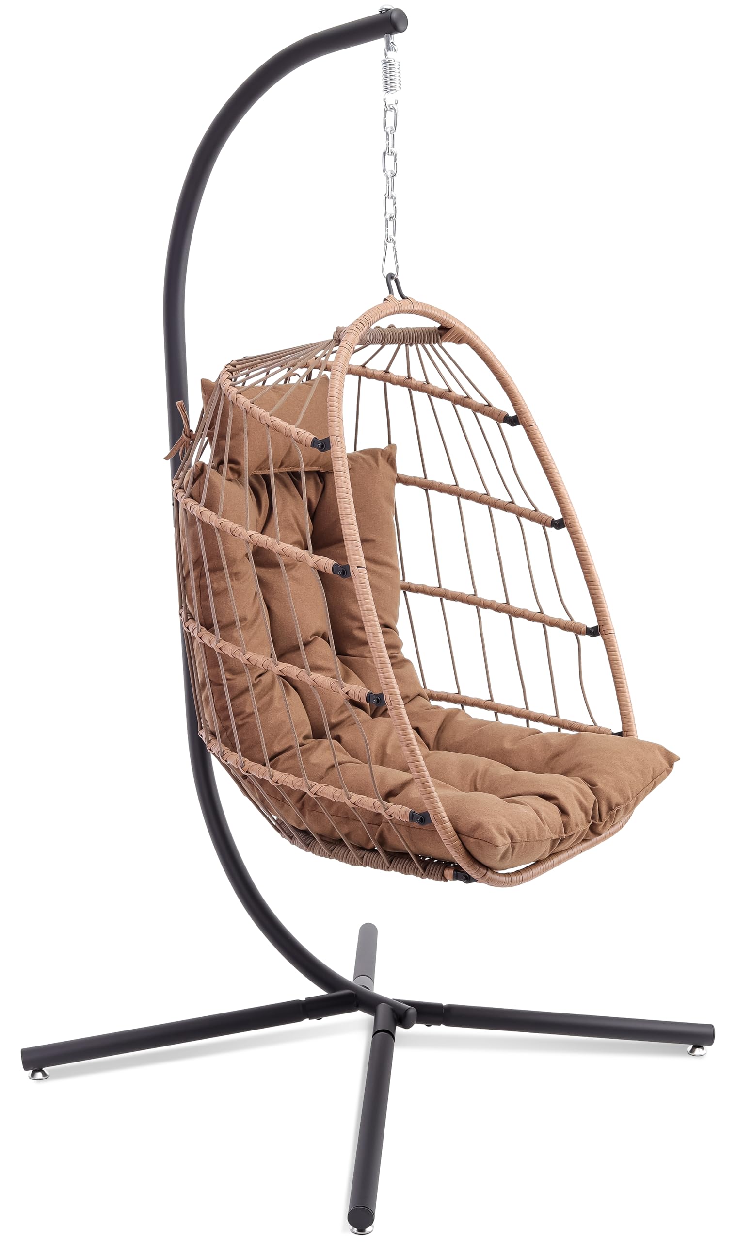 SereneLife Fauteuil Oeuf Suspendu avec Support – Rotin Tressé Pliable, Coussin Imperméable, Appui-Tête Confort pour Patio, Chambre, Véranda, Jardin, Marron