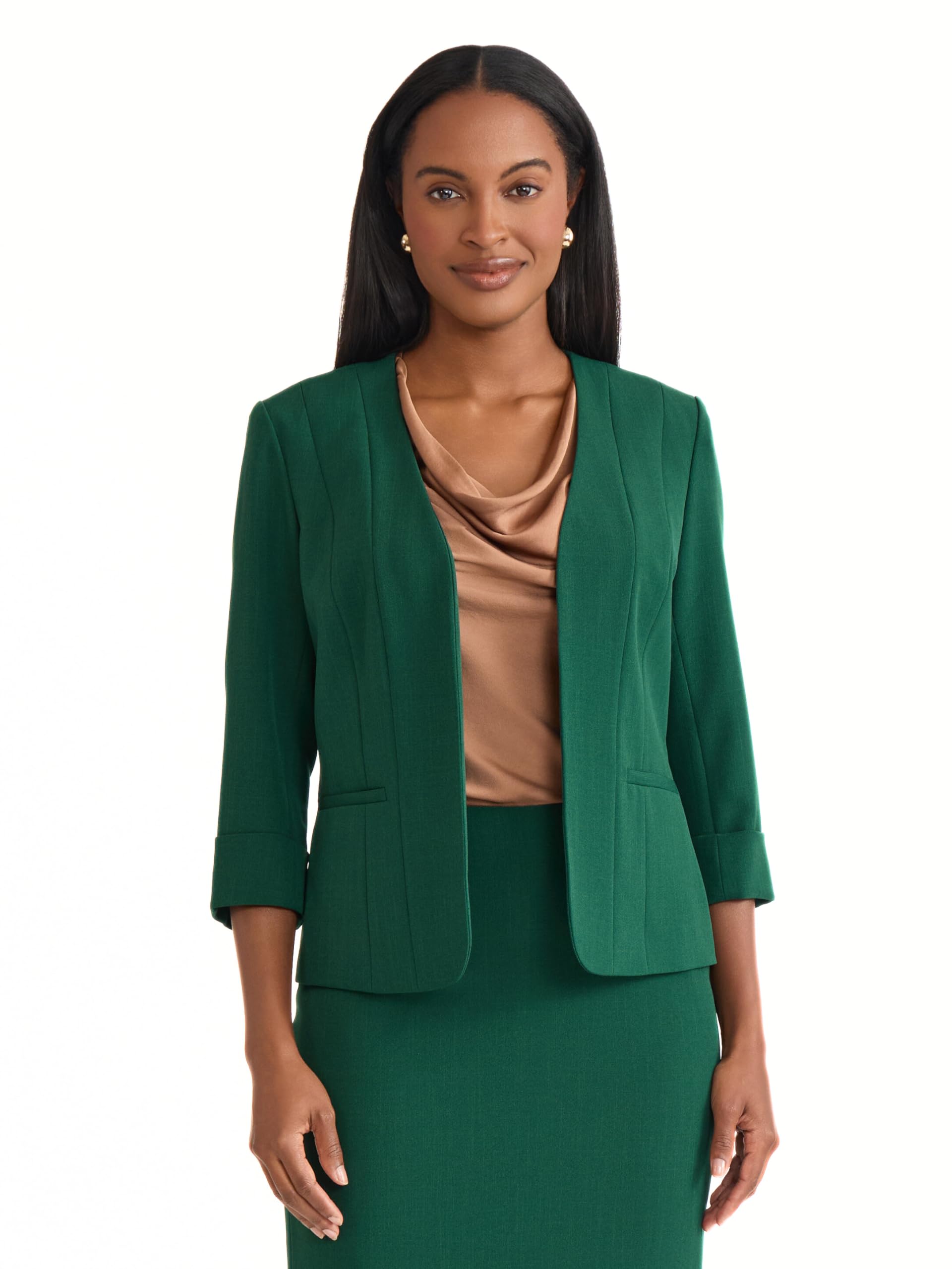 Kasper Womens 3 4 Cuffed Sleeve Stretch Open-Front Blazer