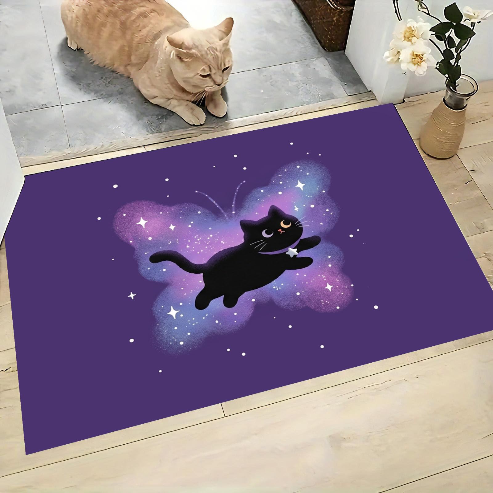 Felpudo de Entrada 90x150cm, Alfombra Misterioso Gato Espacial Atrapapolvo Alfombra Mariposa Gato Negro Antideslizante Lavable, Alfombrilla con Microfibras Suaves para Puerta, Pasillo, Morado Intenso