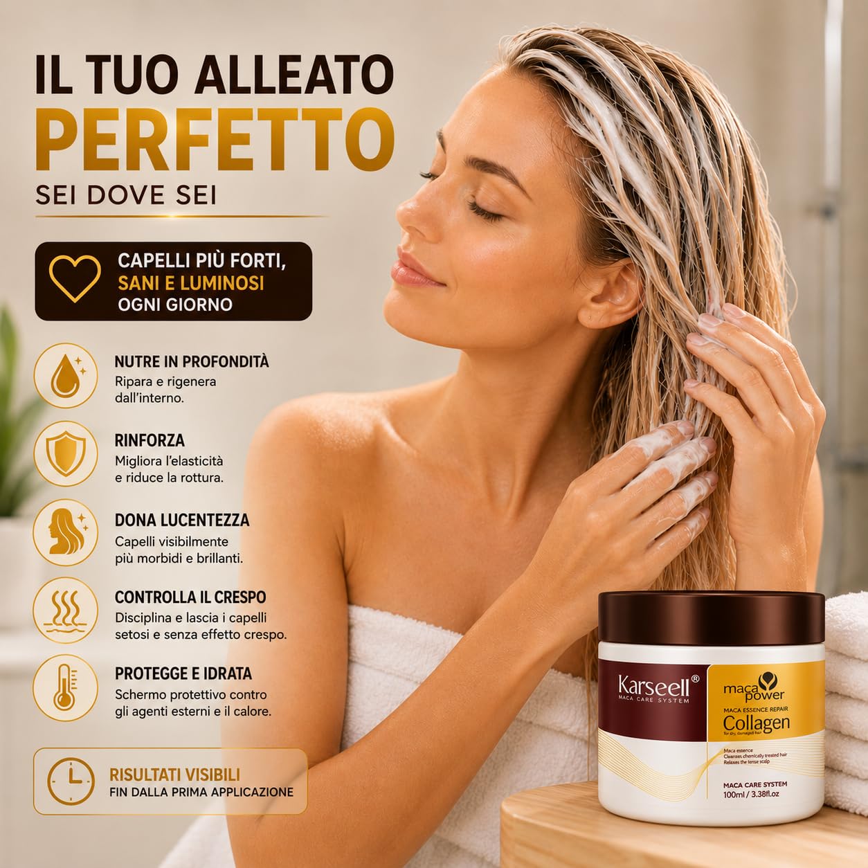 Karseell MACA CARE SYSTEM Maschera Capelli Professionale Collagene Argan Cocco Karité Nutriente Idratante Riparatrice Anticrespo Capelli Secchi Danneggiati Crespi Senza Solfati Formato Viaggio 100ml