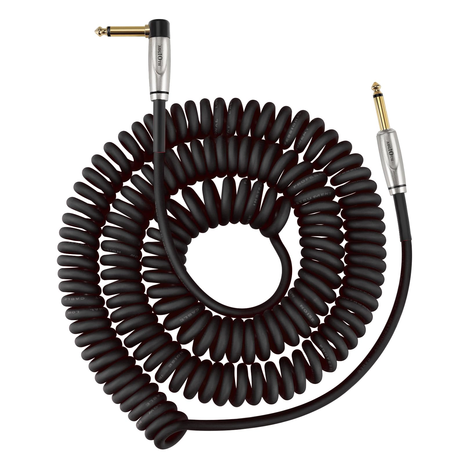 Augioth Curly Guitar Cable 30ft, Coil Electric Instrument Guitar Bass Cord AMP Lead 1/4 Straight to Angled Black