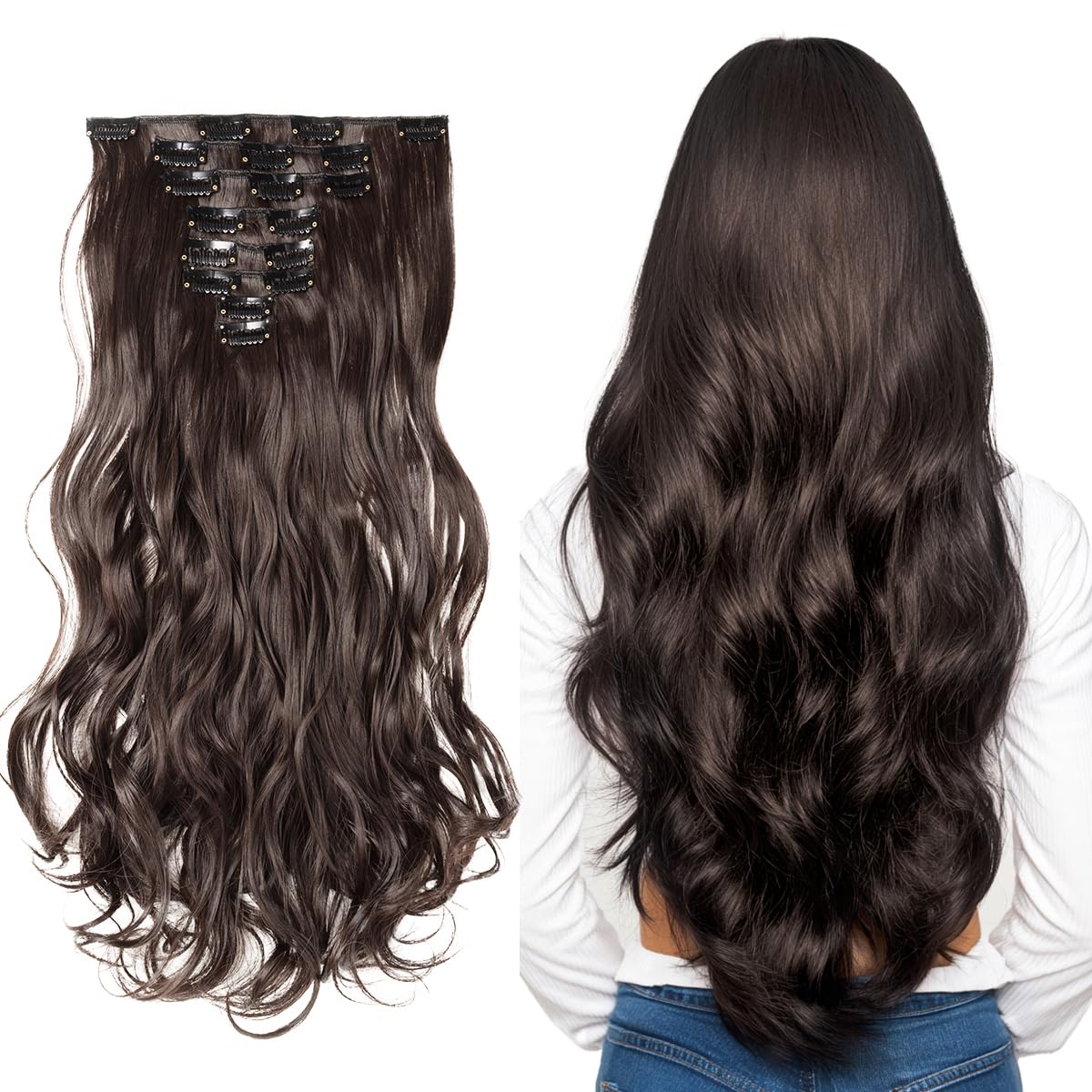 SEGO Pro Clip in Hair Extensions 8 Pcs 18 Clips Full Head Synthetic Fiber Hair Pieces for Women Curly 17 Inch (Dark Brown)