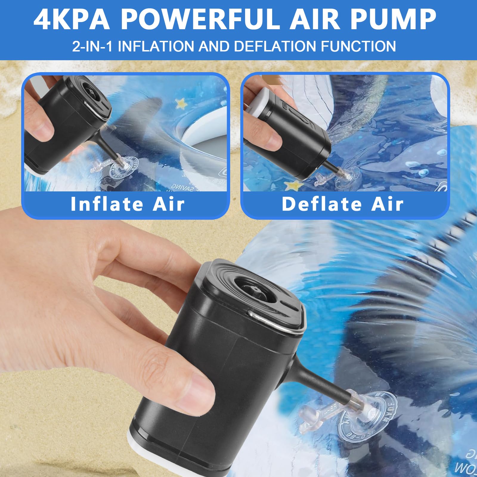6 stks/set 2-in-1 elektrische luchtpomp met 5 USB-sproeiers mini luchtpomp 2500 mAh oplaadbare batterij 300 l/min luchtpomp voor luchtbed drijvers zwembad vacuümzak luchtpomp