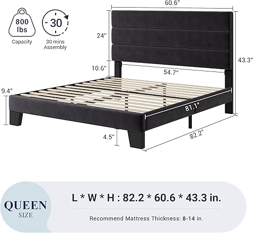 Miniatura 2 de Allewie Base de cama de plataforma tamaño Queen con cabecera tapizada de terciopelo y soporte de listones de madera, base de colchón totalmente