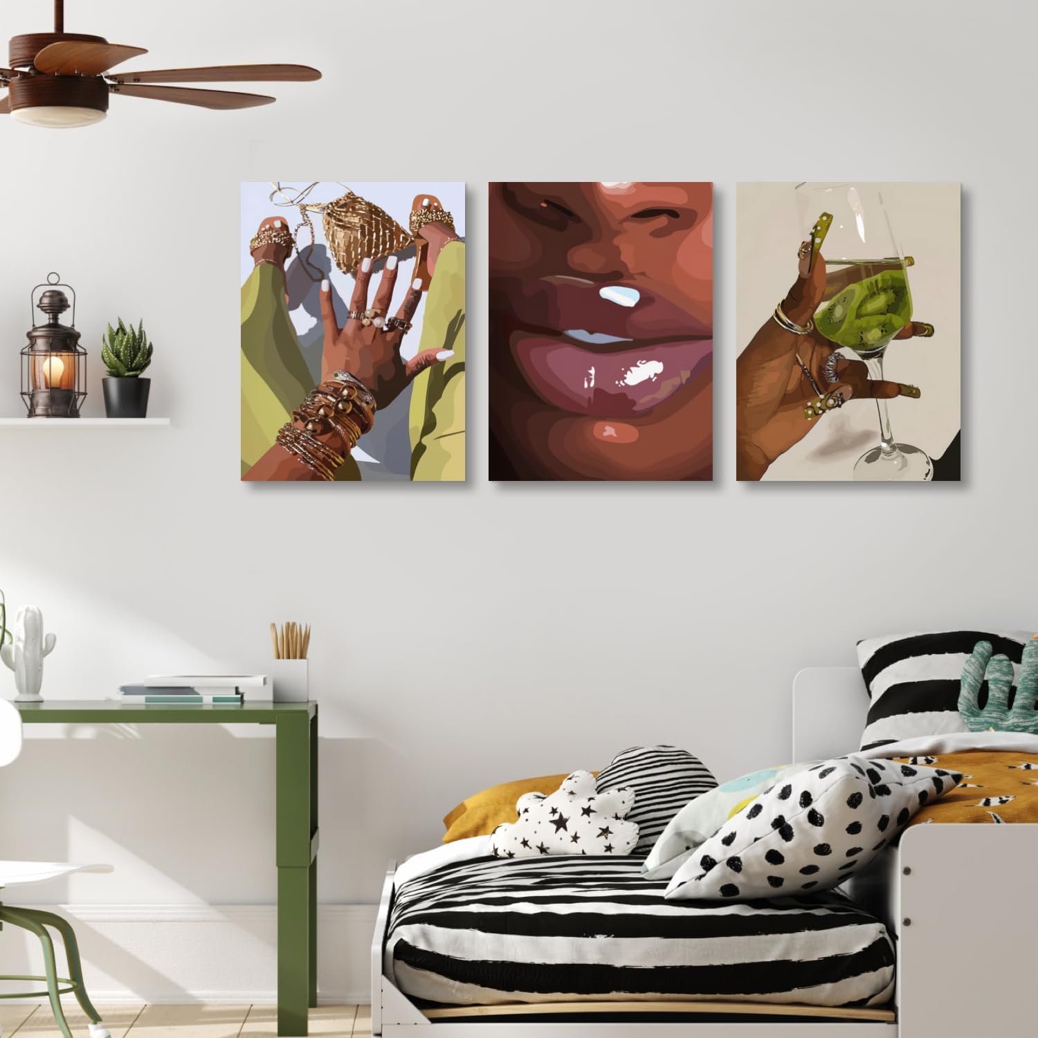 Hianan Black Girl Canvas Wall Art Set of 3, Framed African American Woman Wall Decor, Fashion Black Women Poster Prints, Abstract Black Girl Aesthetic Pictures for Living Room Bedroom 12"x16"