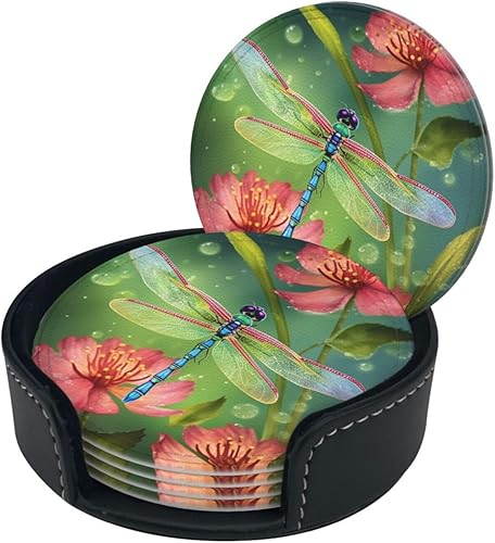 Miniatura 2 de Juego de 6 posavasos de cuero con soporte para bebidas con estampado de libélulas y flores, posavasos redondos para decoración de mesa auxiliar
