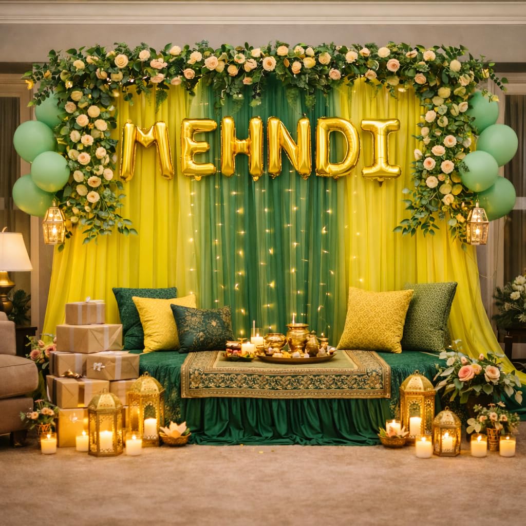 Mehendi Decoration Setup with Green and Yellow Net Curtain, MEHNDI Foil Balloon Banner, 10 Green Balloons, Ribbon, Glue Dots, 15 Piece-image-47