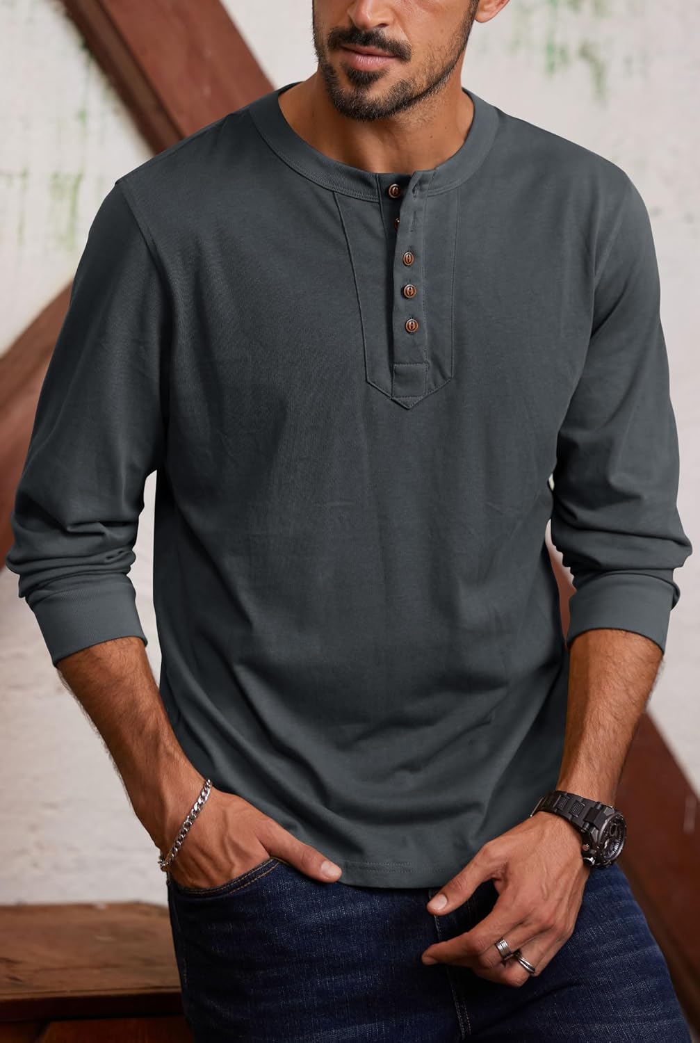 Mens Cotton Henley Shirts 5-Button Casual Fashion Long Sleeve Tshirts (S-XXL) - Image 4