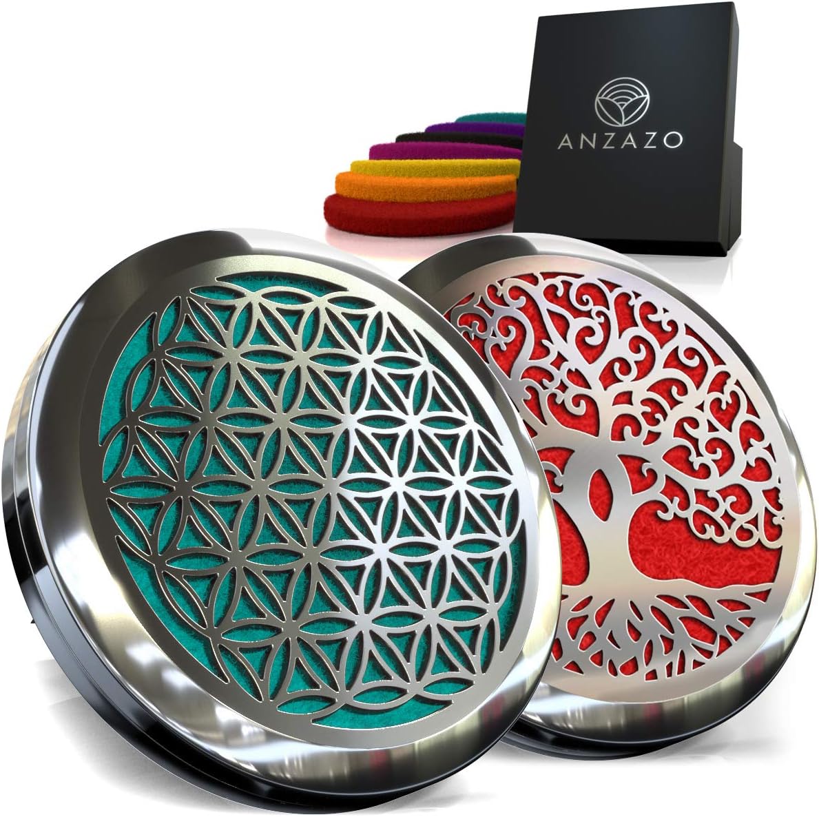 Car Essential Oil Diffuser - 1.5" Magnetic Locket Set with Air Vent Clip - Best for Aromatherapy - Fragrance Air Freshener, Scents Diffusers - Jewelry for Car, Flower of Life + Tree of Life (2 Pack)