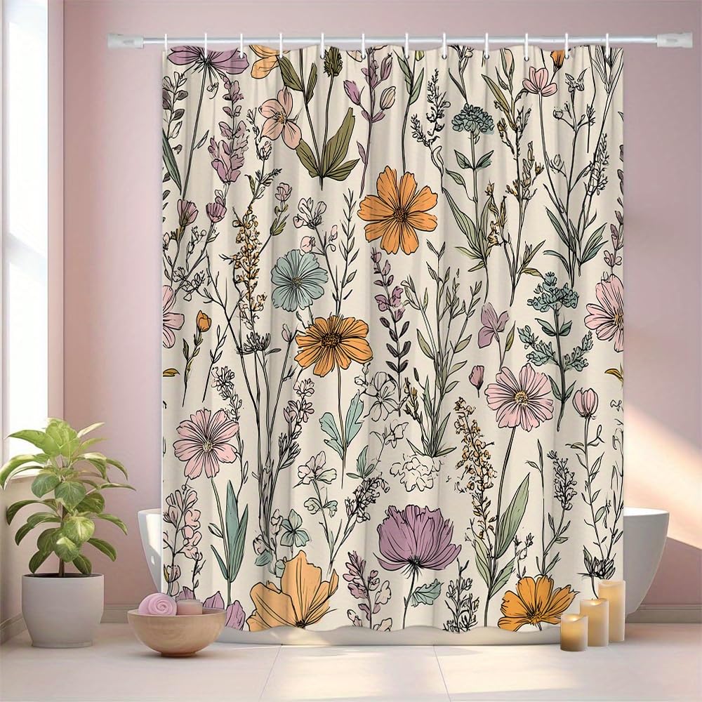 GLWDMB 1 Piece 180x200CM Daisies, Wildflowers in Pink, Orange Printed Shower Curtain With Hook, Polyester, for Windows And Walls, Bathtub, Bathroom, Machine Washable, All Season Universal