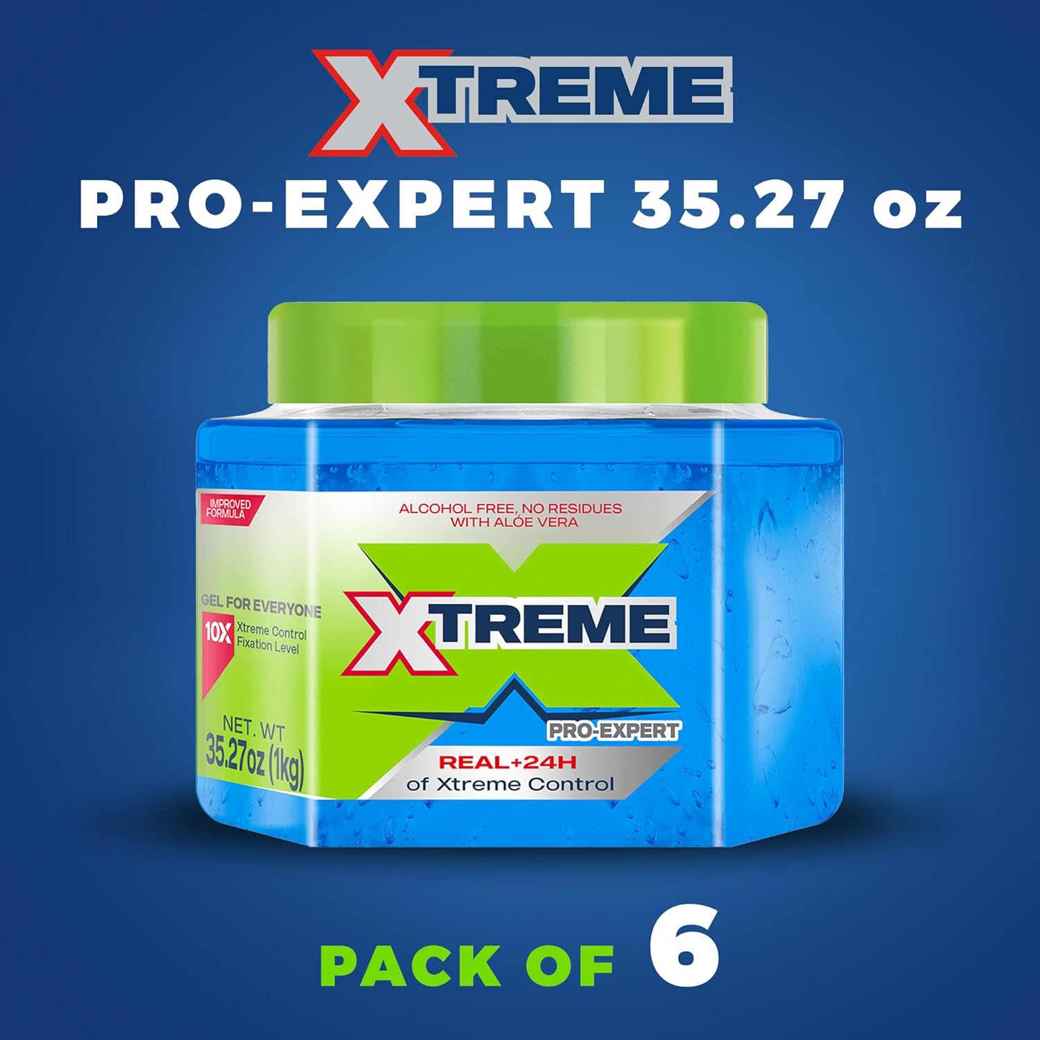 Xtreme Pro-Expert Blue Styling Hair Gel, 24-Hours Xtreme Control With Aloe Vera, 35.27 oz Jar (Pack of 6)