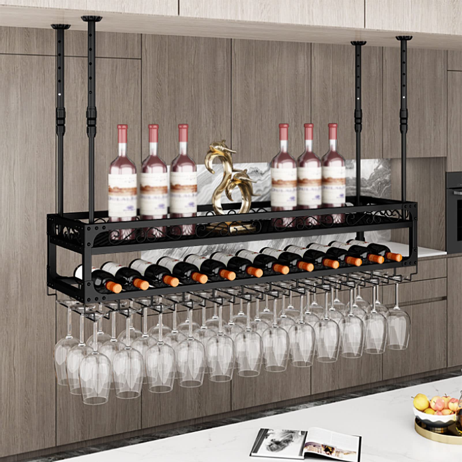 Portabottiglie da appendere per unità bar da soffitto, portabottiglie da esposizione, portabicchieri da vino con decorazione a soffitto, porta calici da soffitto in metallo artistico in ferr