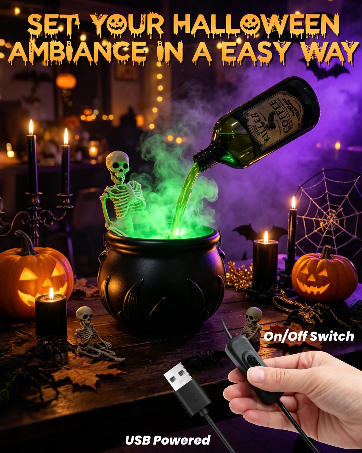 Calderone Decorazione Halloween Interni con Generatore Nebbia & Scheletro