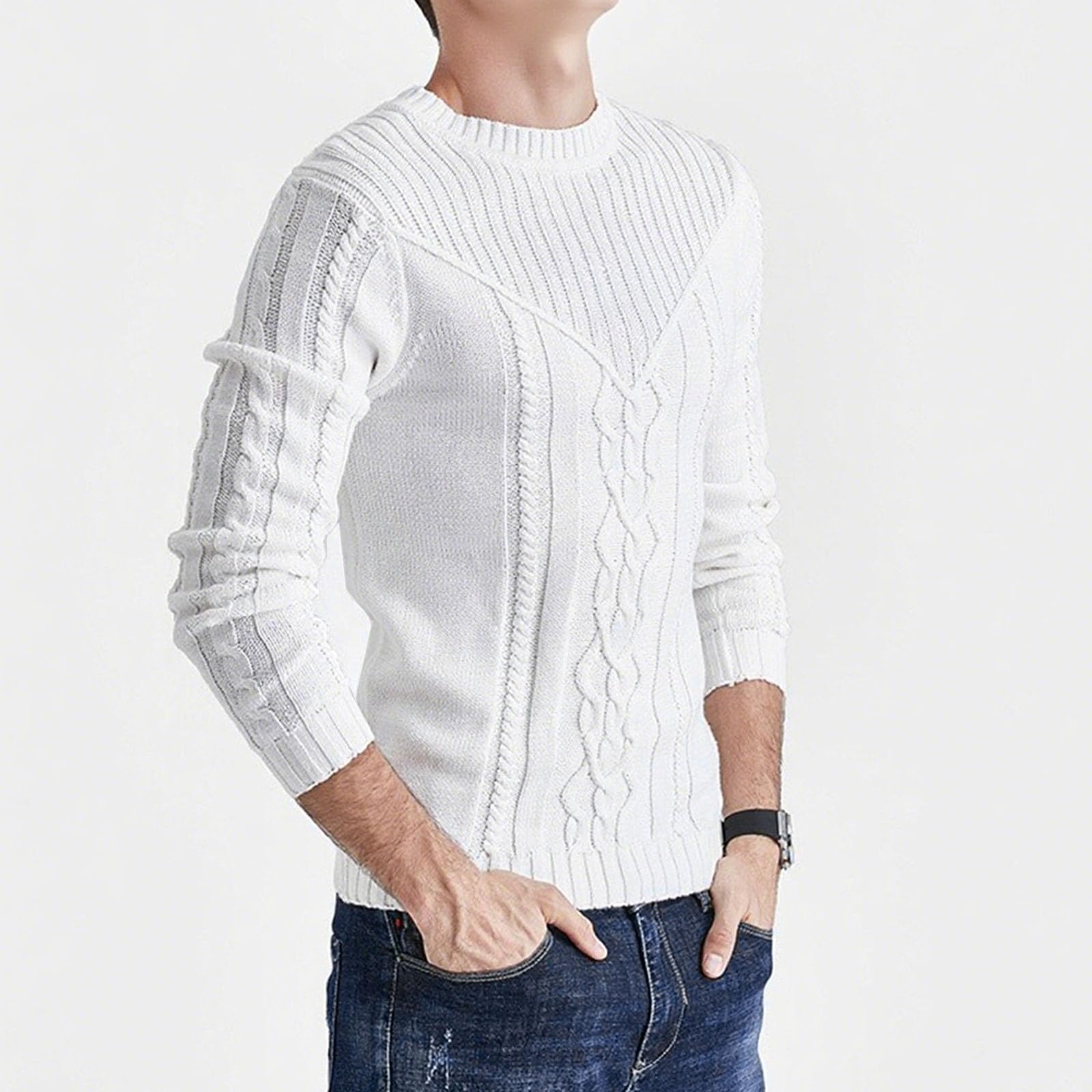 Maglione da uomo a girocollo lavorato a maglia, grosso, caldo e accogliente | Stile spesso invernale, maniche lunghe raglan, tinta unita di base, maglione casual lavorato a maglia con bordo a costine