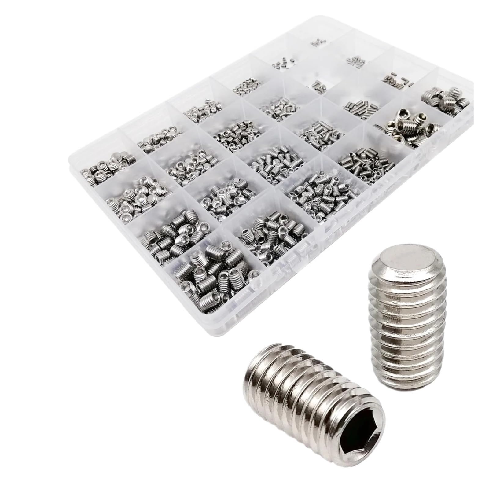JrEam 500/1500X M2-M8 DIN913 Schwarzer Stahl 304 A2 Edelstahl Sechskant Innensechskant Inbus Flachpunkt Stellschraube Madenschraube Sortiment Kit(Color:Stainless 1500pcs)