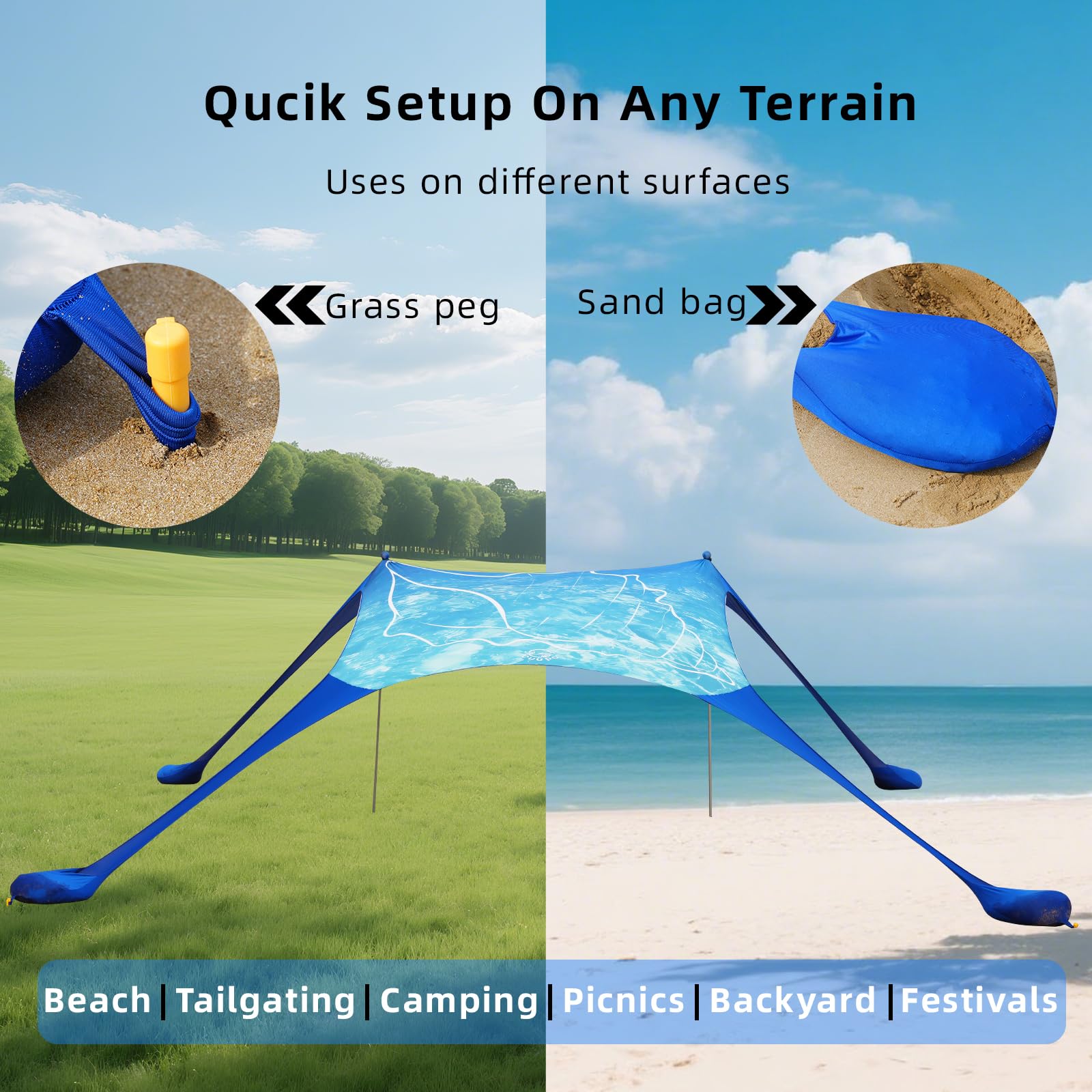 Namiot plażowy Pop Up 160 x 200 cm, nadruk 3D, mały, ochrona przed słońcem, UPF50, namioty z lycry, na podwórko, plażę, kemping, muszle plażowe z drążkami stabilności, kolor niebieski muszla