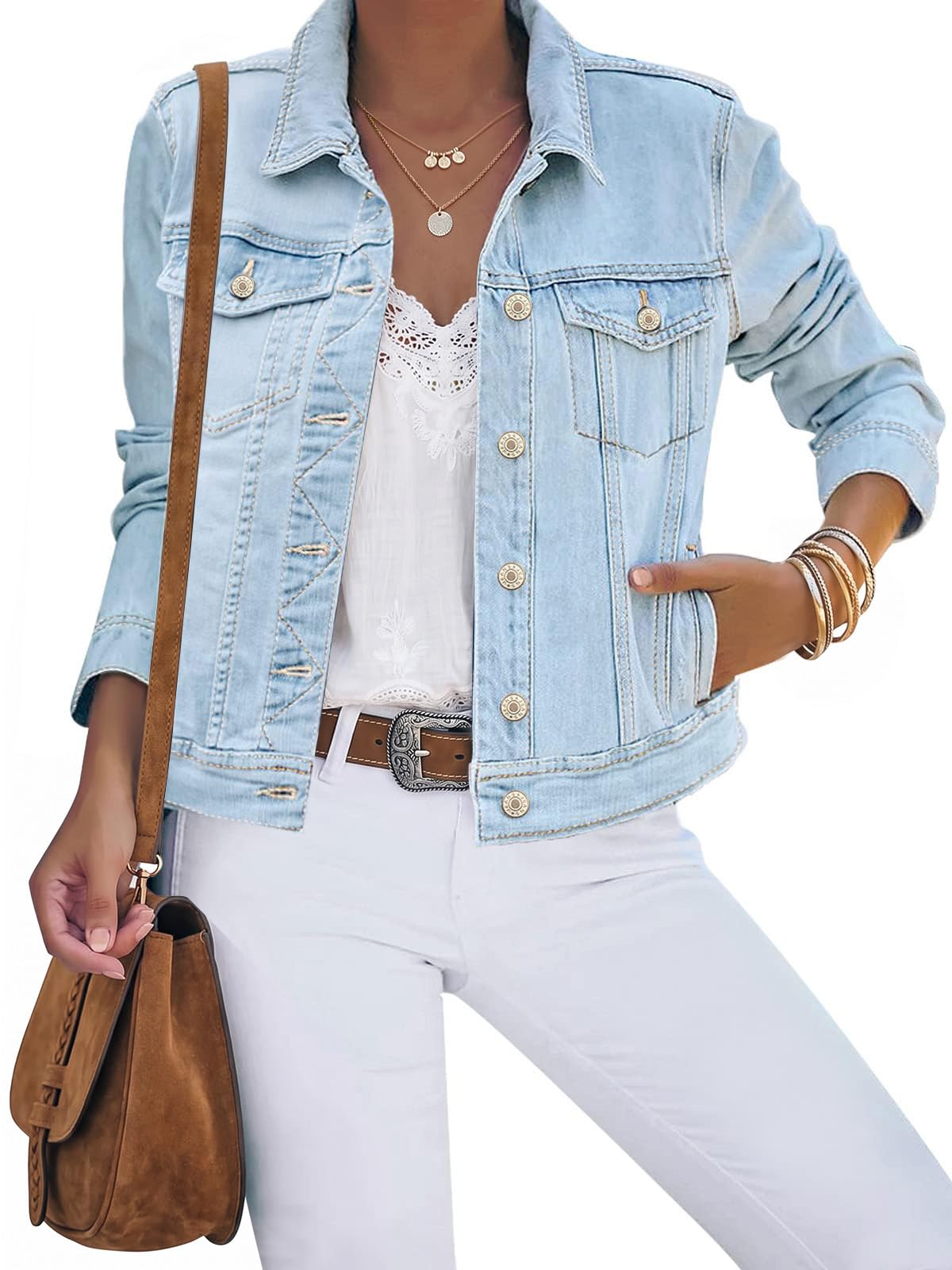 luvamia Women's Basic Button Down Stretch Fitted Long Sleeves Denim Jean Jacket