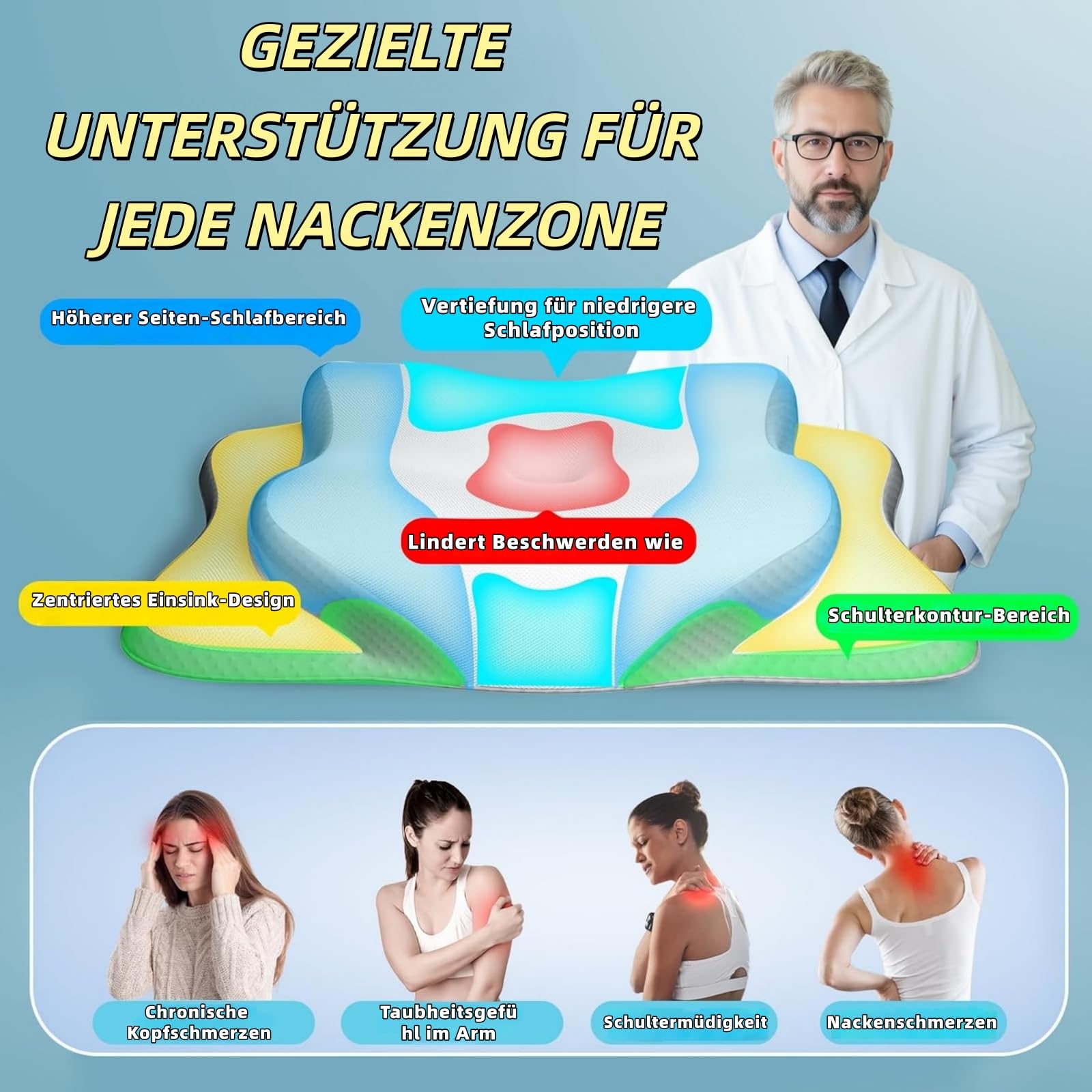 CuroSleep Seladi airflow pro Kissen Orthopädisches Nackenkissen mit 2 Höhen & Memory Schaum, 6-Zonen-Stütze & Kühlbezug –gegen Nackenschmerzen & Schnarchen, (CertiPUR-US/OEKO-TEX 100) (Dunkelblau)
