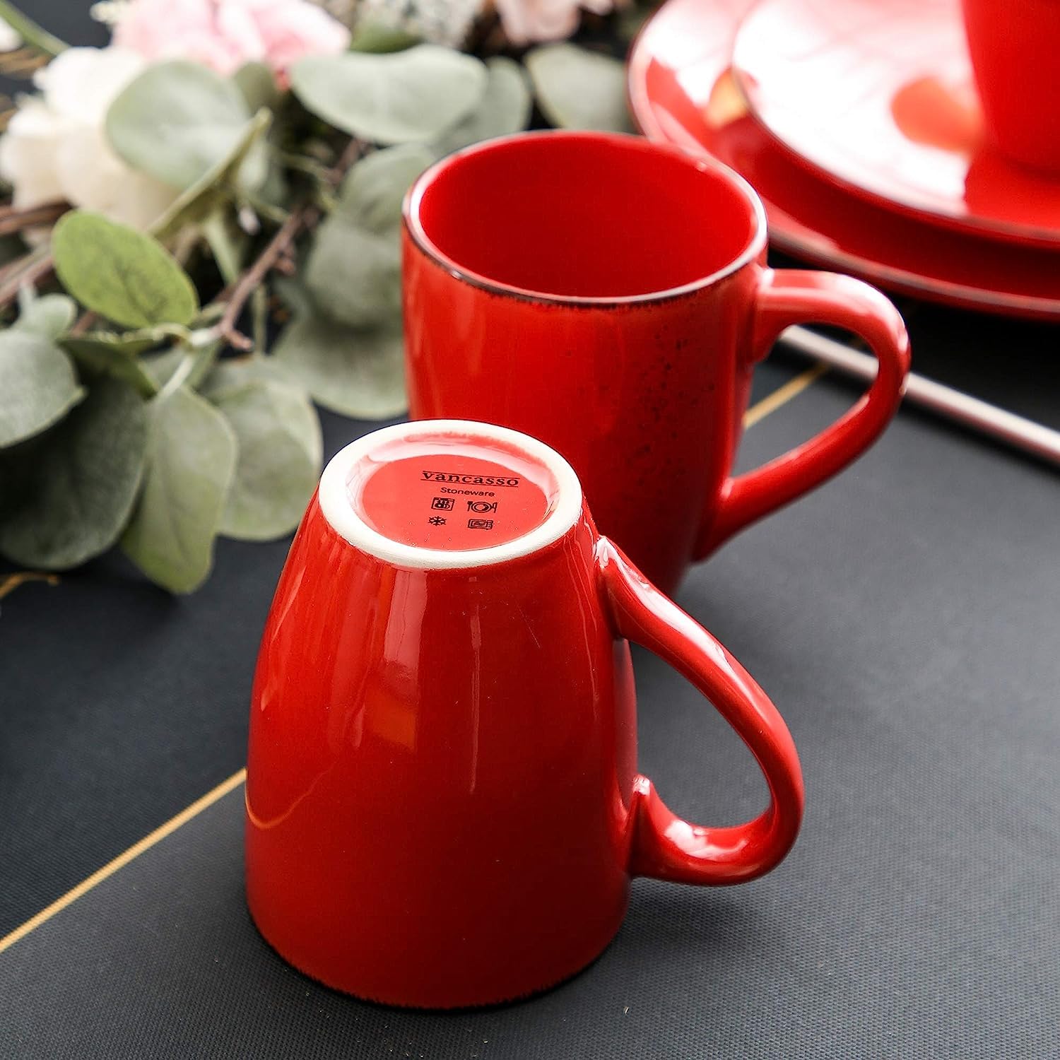 Prezenty Kubek ceramiczny Navia Zestaw 4 kubków do kawy z tropikalną herbatą, kamionka, bardzo duża kawa, herbata, gorące kakao Kubki do kawy, nowoczesne ceramiczne kubki do picia, czerwony, 350 ml/12