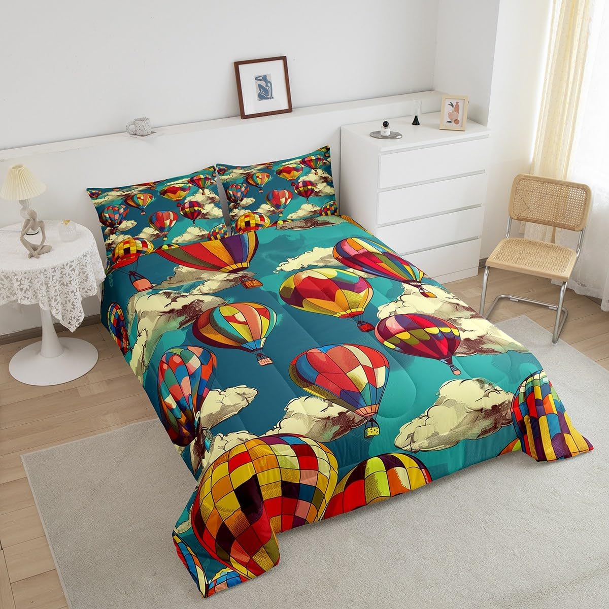 Erosebridal Hot Air Balloon Twin Comforter Set for Boys Girls Kids,Cute Rainbow Bedding Set Boho Room Decor,Blue Sky Cloud Comforter Set Breathable Cartoon Colorful Balloons Quilt Bed Set 2Pcs