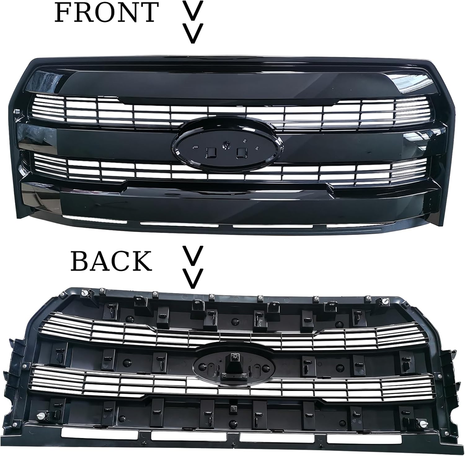 Front Bumper Grille Assembly Compatible with 2015 2016 2017 Ford F150 F-150 Upper Hood Mesh Grill W/O Camera Hole Replacement ABS Plastic (Glossy Black)