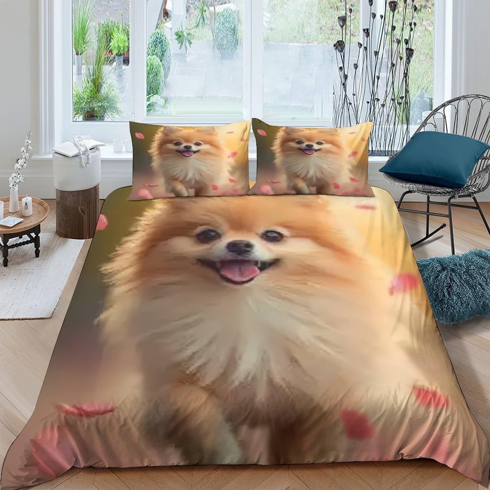 Ctjqhvkz Style-4 3D Printed Pomeranian Dog Fitted Sheet Microfiber Soft Breathable Floral Bed Cover For Bedroom Guest Room Decor Single（135X200cm）