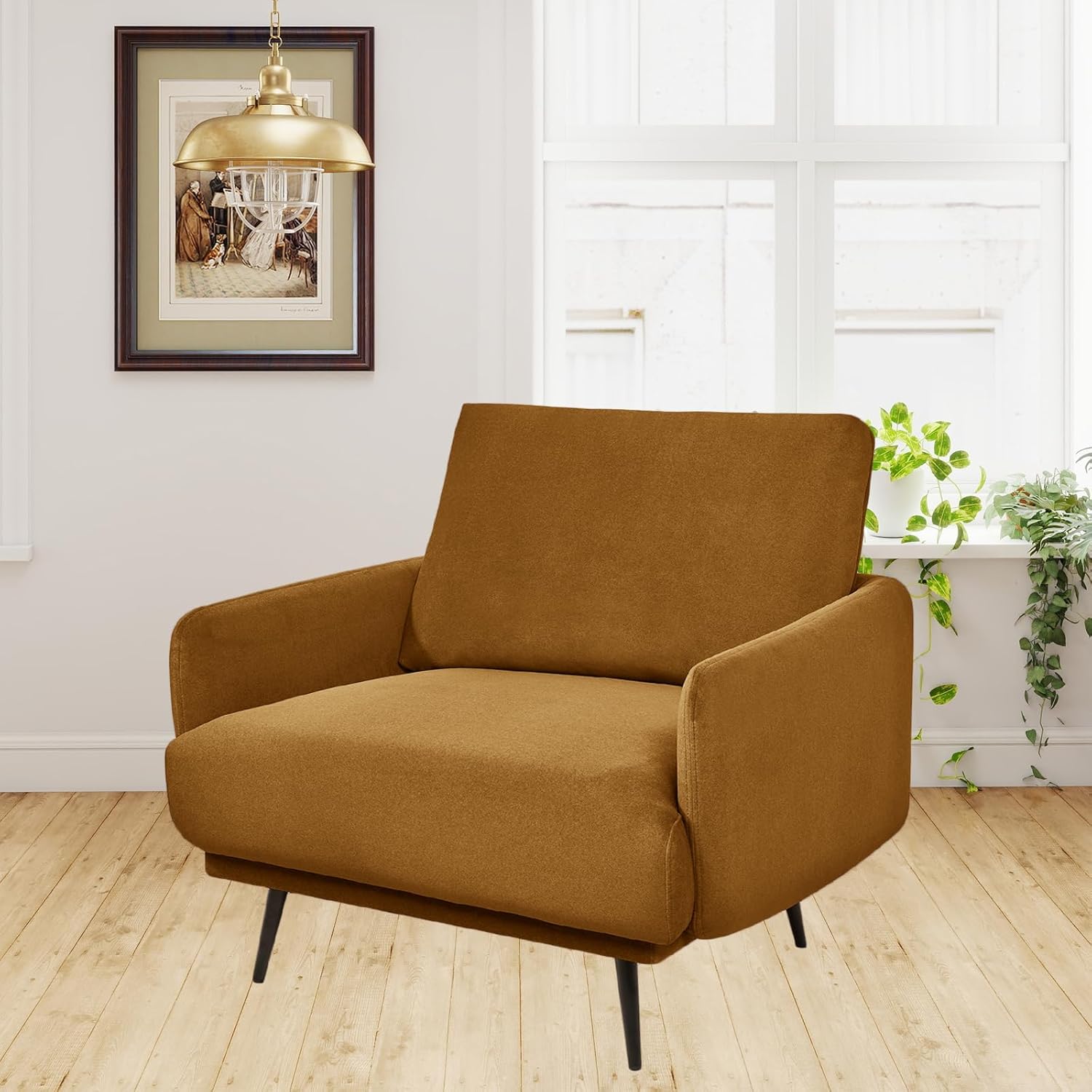 Mid-Century Oversized Accent Chair, Modern 37.5'' Upholstered Armchair for Living Room, Comfy Reading Chair for Bedroom, Single Sofa Chair (Brownnish Yellow-Velvet, 1*Seat)