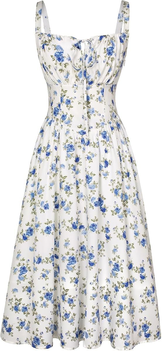 Scarlet Darkness Women's Floral Corset Dress with Pockets for Summer Spring | Floral corset midi dress with adjustable straps, square neck, smocked back bodice, left zip, side pockets, flowy A-line hem