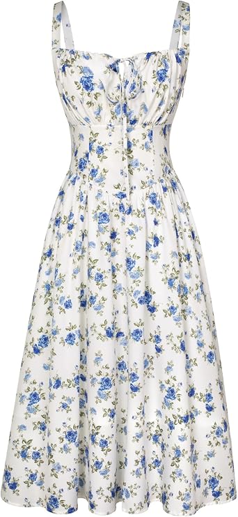 Scarlet Darkness Womens Floral Corset Dress with Pockets for Summer Spring | Floral corset midi dress with adjustable straps, square neck, smocked back bodice, left zip, side pockets, flowy A-line hem