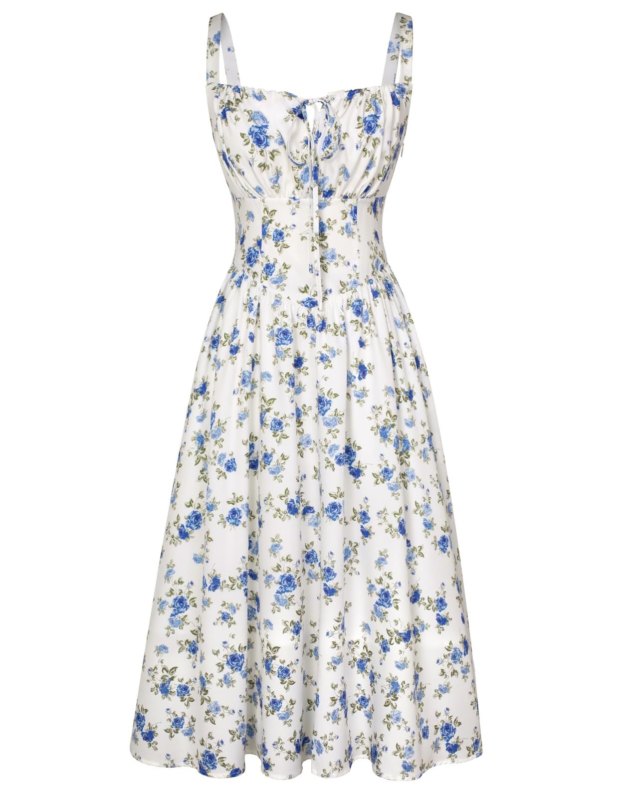 Scarlet Darkness Floral Printed Corset Dress Ruched Bust Cami Dress Flowy Sundress, White Blue, XL