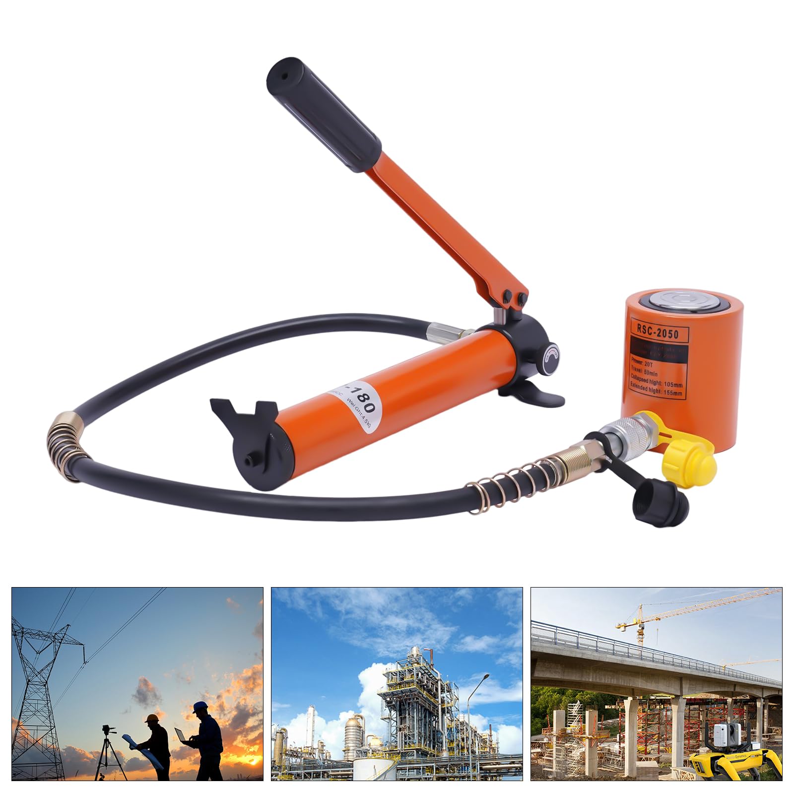 Hydraulikzylinder Bausatz 20T Handpumpe CP-180 | Hebegerät mit 1m Schlauch, 70MPa, ZG3/8, Stahlkonstruktion, zum Heben, Biegen & Richten, für Auto LKW Industrie Orange