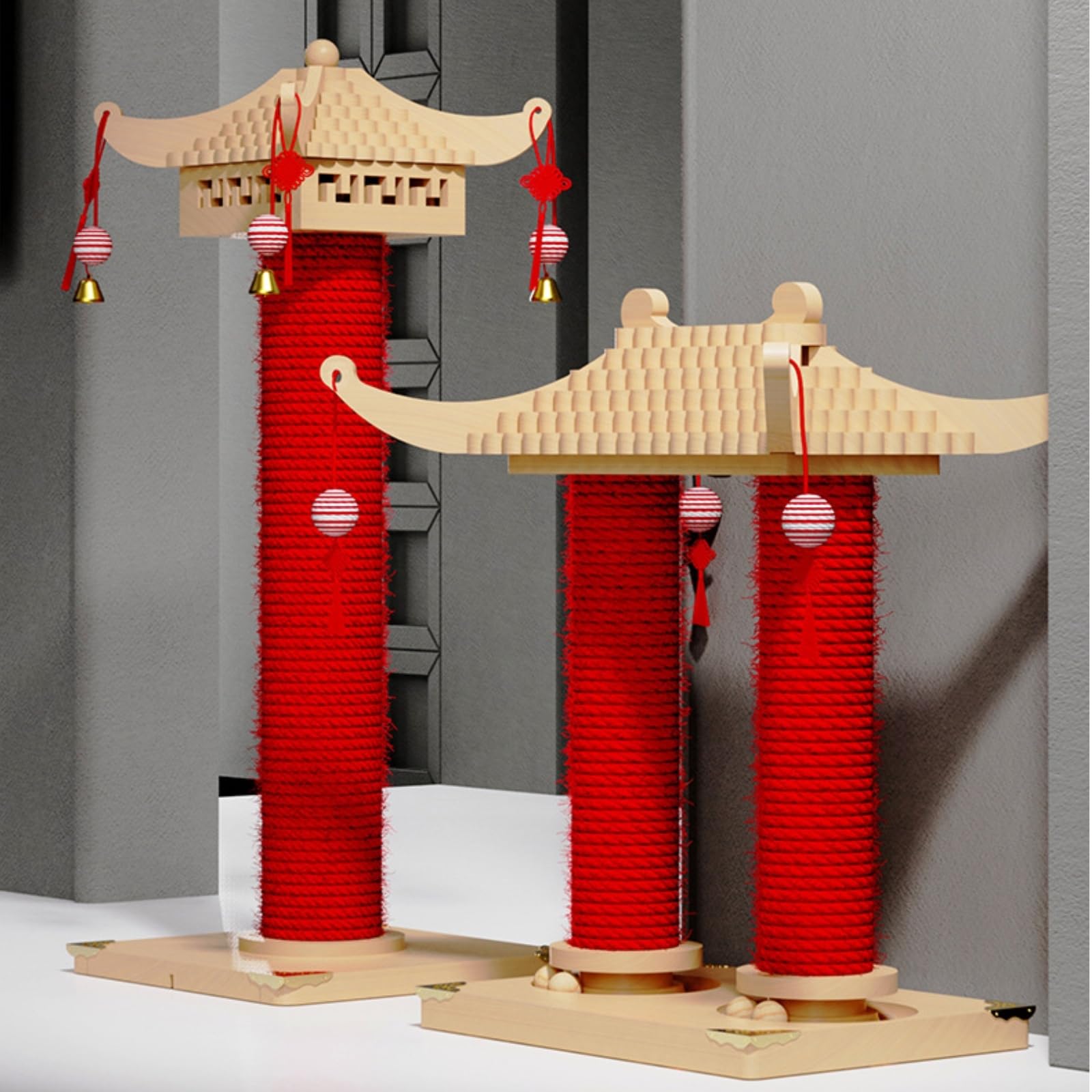 Poste Rascador con Juguetes Colgantes Compacto Torre Rascadora con Base Completo para Gatitos, Palacio De Doble Columna, Estilo Nacional De Moda