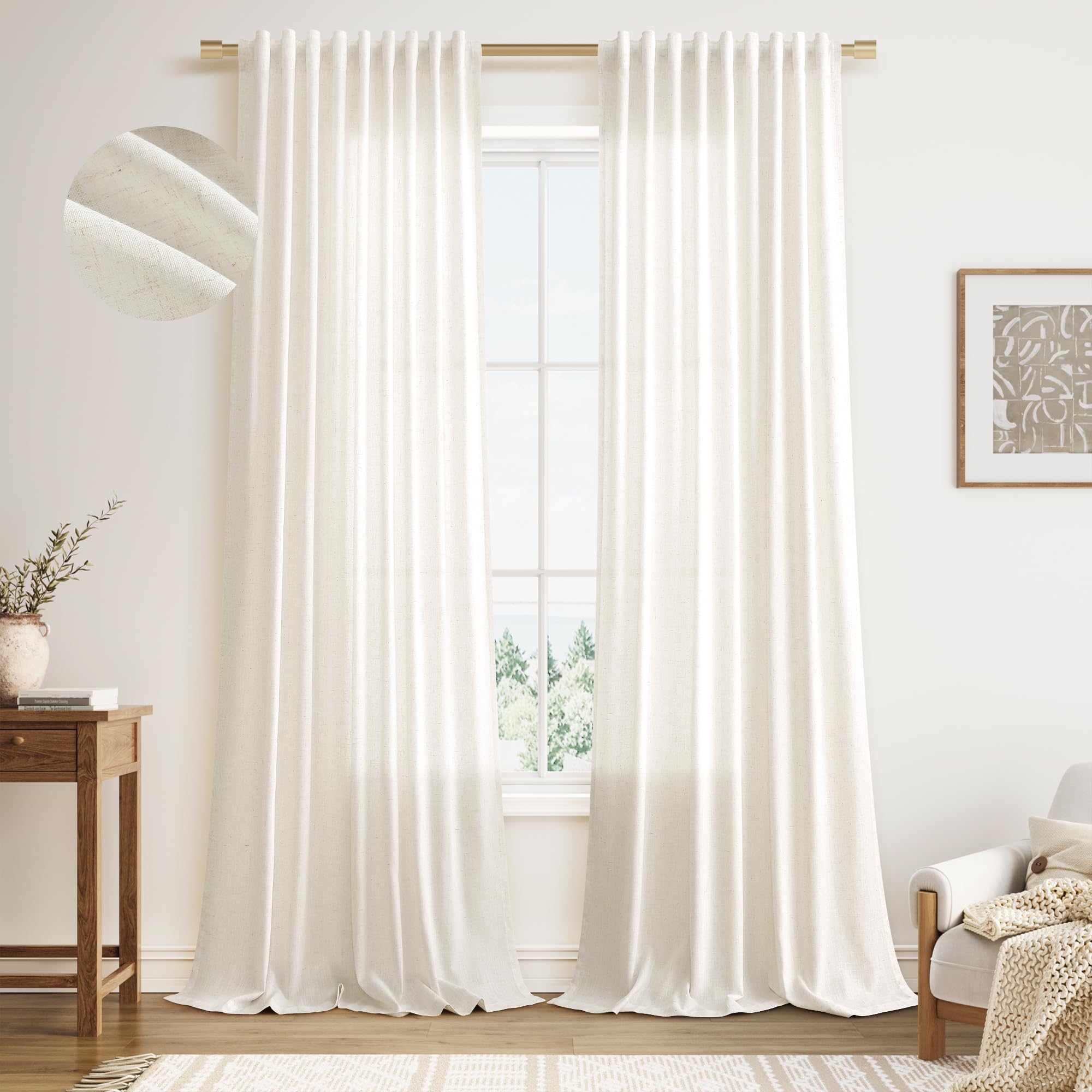 Photo 1 of Nanspring Extra Long Curtains 120 Inch Length for Bedroom 2 Panels Linen Back Tab Hook Belt Drapes Privacy Airy & Light Cream Natural Semi Sheer Linen Curtain for Large Window 10 FT Tall