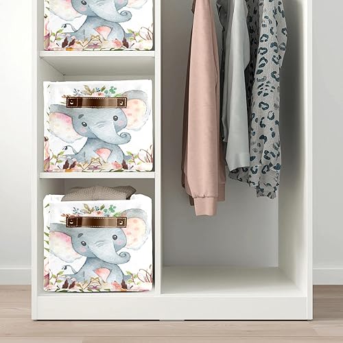 Miniatura 5 de Cesta de almacenamiento de lona personalizada con diseño de flores de elefante en acuarela con asa, para armario, estante, cuarto del bebé,