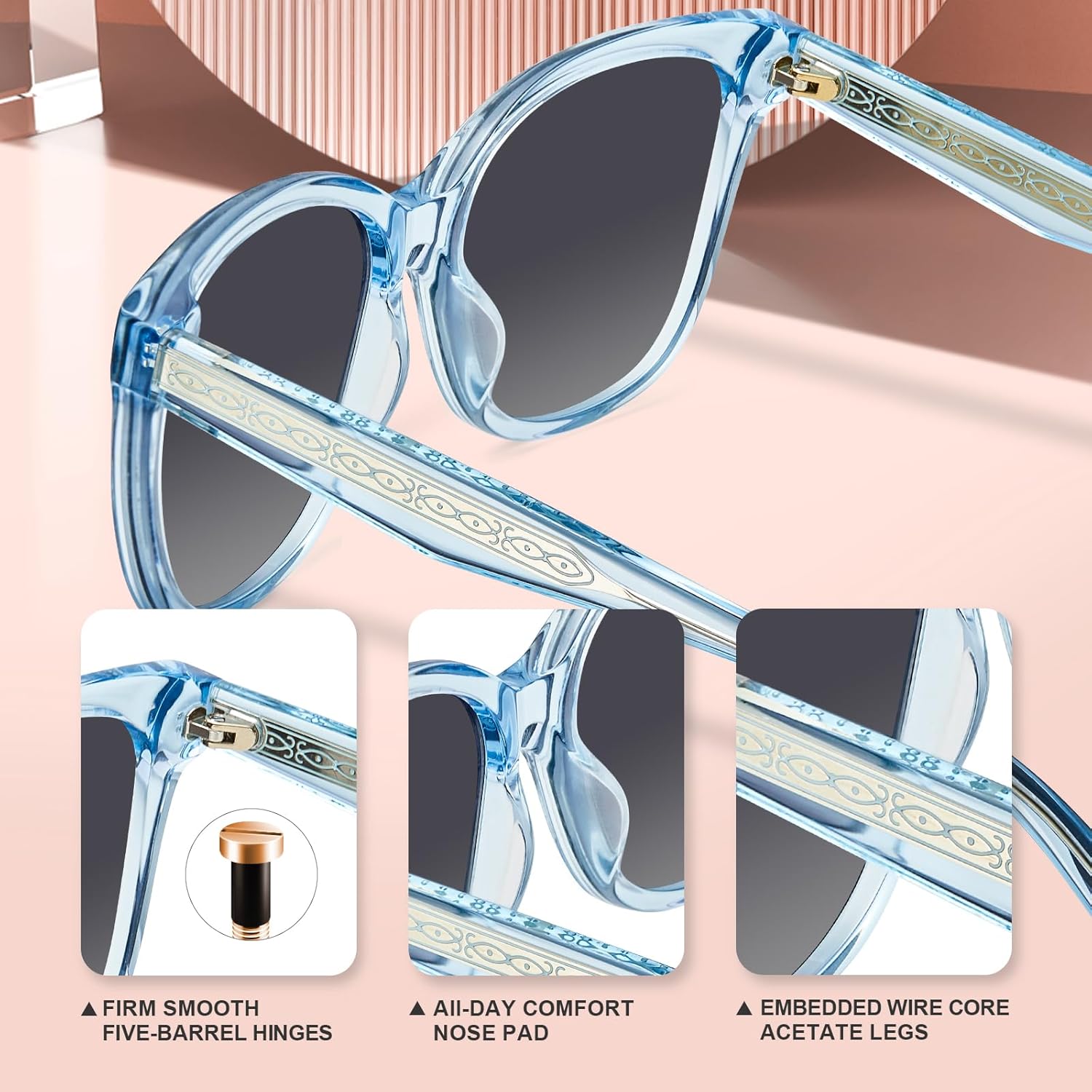 CARFIA Square Polarized Sunglasses for Women UV Protection, Italian Design Retro Embossed Pattern Wire Core Driving Shades - Image 4