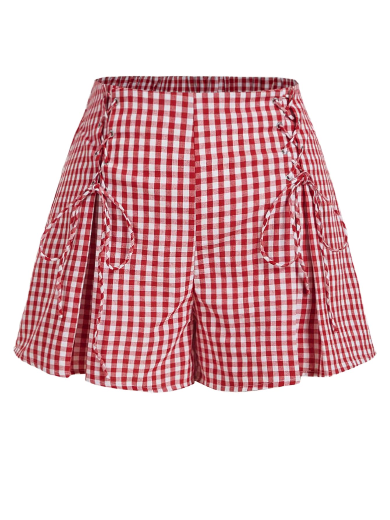 MakeMeChic Women's Plus Size Y2K Plaid Gingham Shorts Elastic Waist Lace Up Summer Shorts