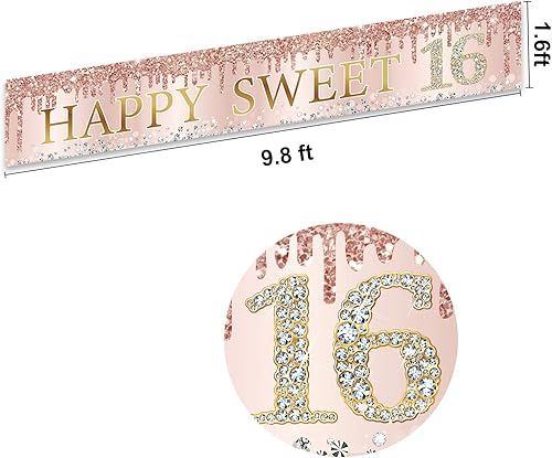 Miniatura 6 de Cartel decorativo de cumpleaños de 16 años para niñas, cubierta de puerta de feliz cumpleaños de 16 años y suministros para fiesta, decoración de